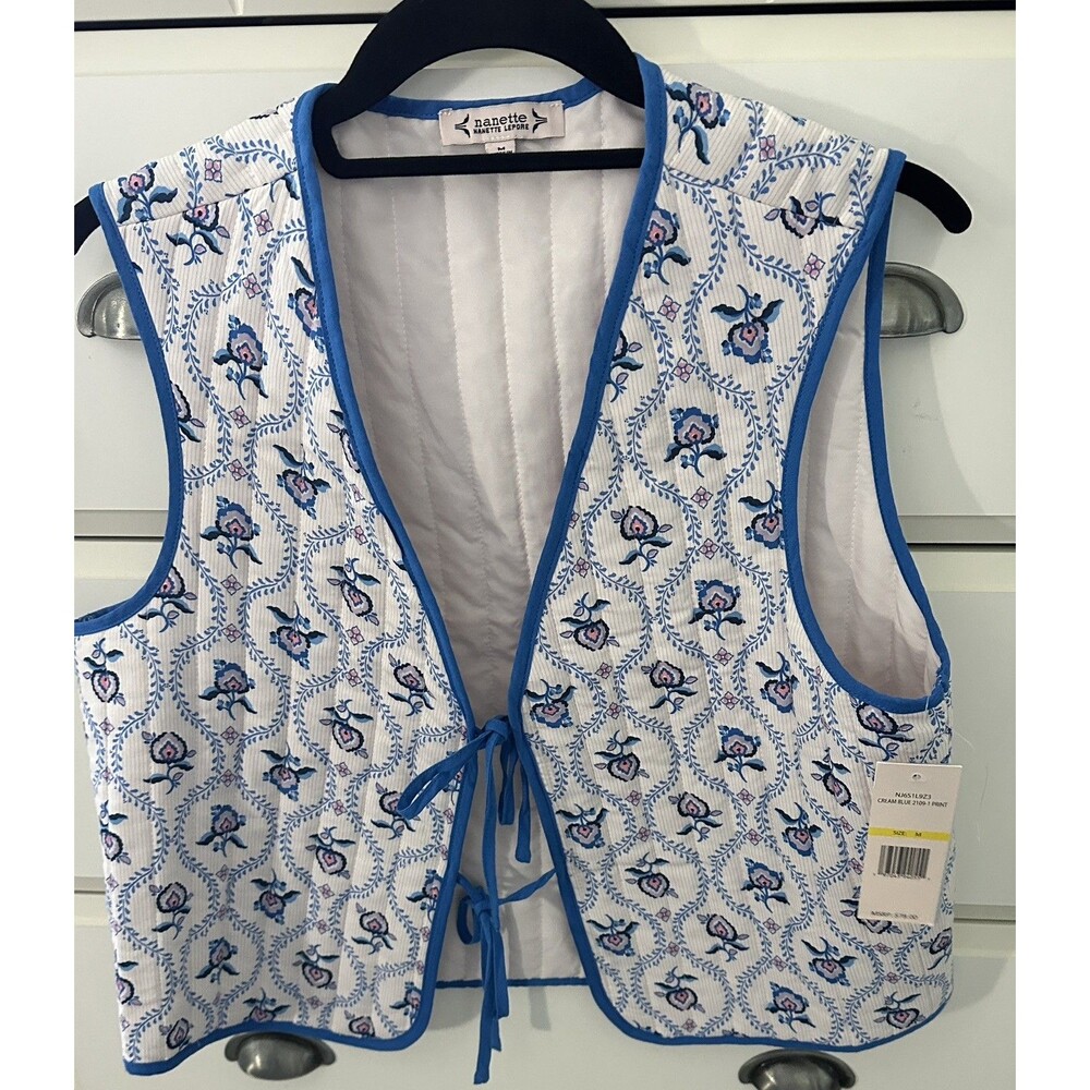 NWT Nanette Lepore Quilted Floral Vest Tie Front White Blue Floral Cotton M